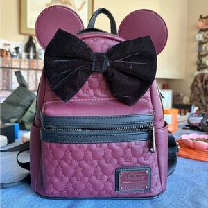 Loungefly Quilted Backpack with Ears and Bow - Burgundy and Black